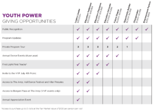 Youth Power Giving Opportunities donor benefits matrix showing eight giving levels from Empowerment Partner ($250–$999) to Legacy Leader ($50,000+) and the benefits included at each level, such as public recognition, program updates, private program tours, annual donor events, and exclusive access to VVF events.